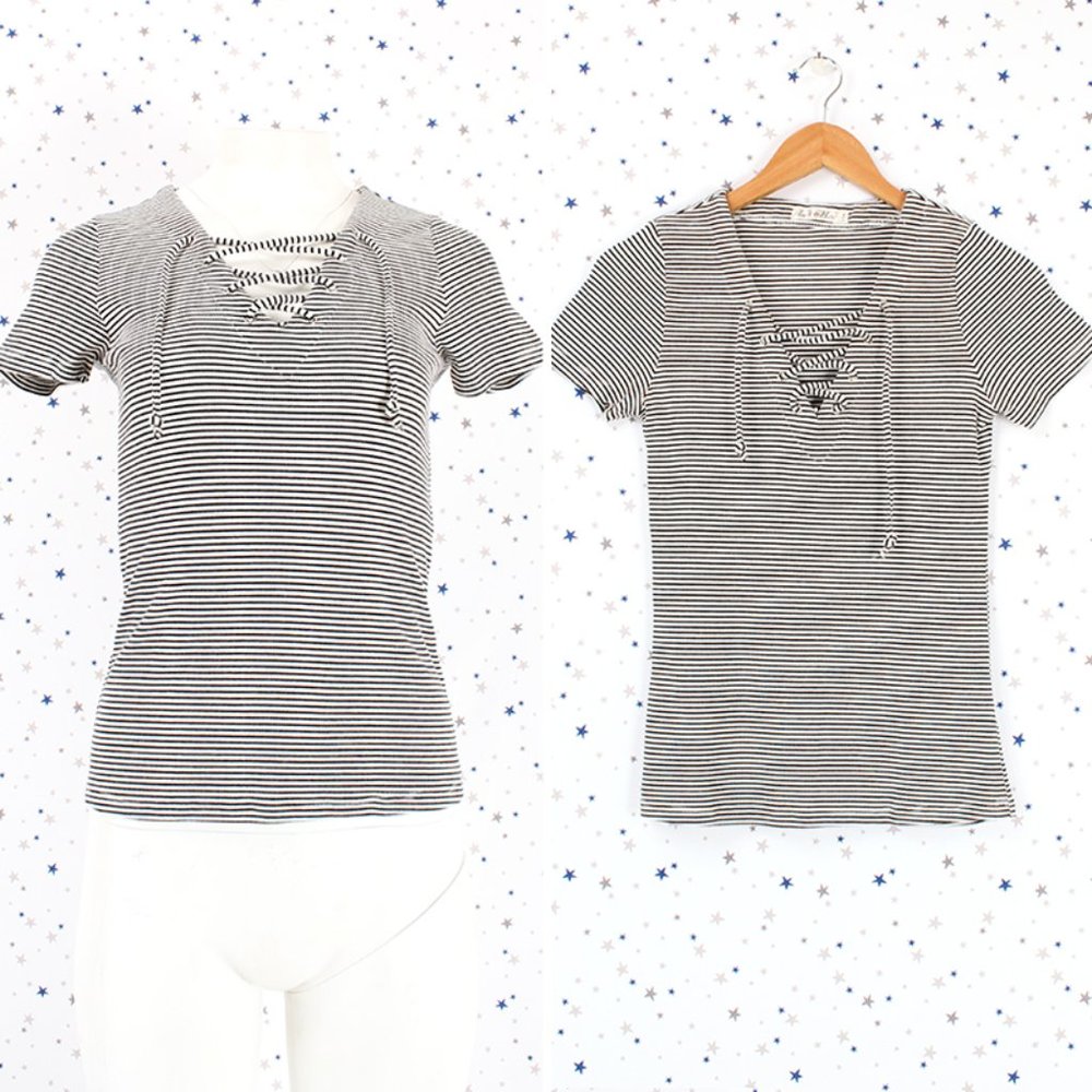 Striped Lace Up Ribbed Knit Top Off White Black